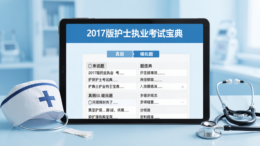 AI生图,画面主体为“2017版护士执业考试宝典”题库列表界面,屏幕上显示真题和模拟题标签,旁边有护士帽和听诊器作为装饰,布局居中,风格医疗学习风,细节包括蓝色调背景和柔和光线,画质清晰,干净,无多余元素