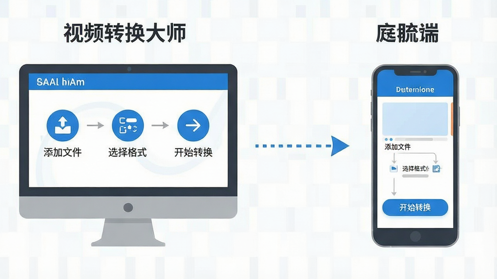 一张信息图风格的插图,左侧展示电脑端“视频转换大师”操作流程,右侧展示手机端操作流程,中间用虚线箭头连接,画面中包含“添加文件”“选择格式”“开始转换”等步骤图标,整体配色为蓝白灰,风格简洁明了,排版清晰,画质干净,无多余元素
