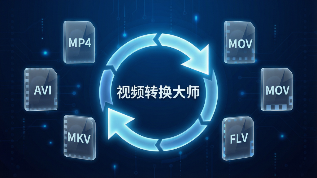 画面中央漂浮着多个半透明的视频格式图标,包括“MP4”“AVI”“MKV”“MOV”“FLV”,它们围绕着一个发光的圆形转换箭头旋转,箭头中心写着“视频转换大师”,背景为深蓝色渐变科技光效,图标带有轻微的发光边缘,整体排版对称均衡,风格为现代科技感,细节锐利,画质高清,干净无杂物