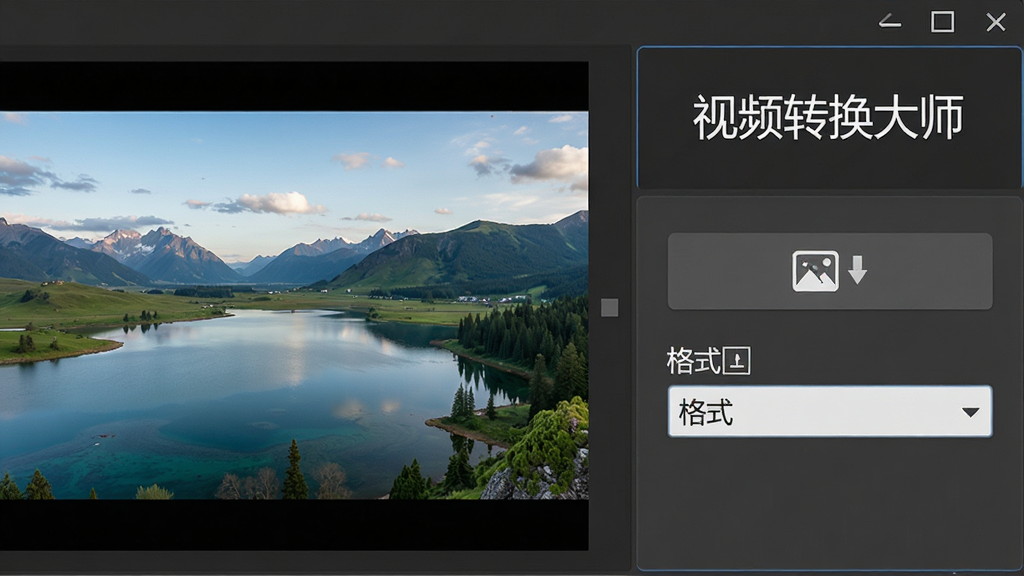软件界面局部特写,左侧为视频预览窗口,画面中正在播放一段风景视频,右侧为参数设置面板,面板上标注着“视频转换大师”字样,下方有截图按钮与格式选择下拉菜单,背景为深灰色工作区,风格为专业工具软件界面,细节清晰,画质锐利,排版紧凑合理,无多余元素
