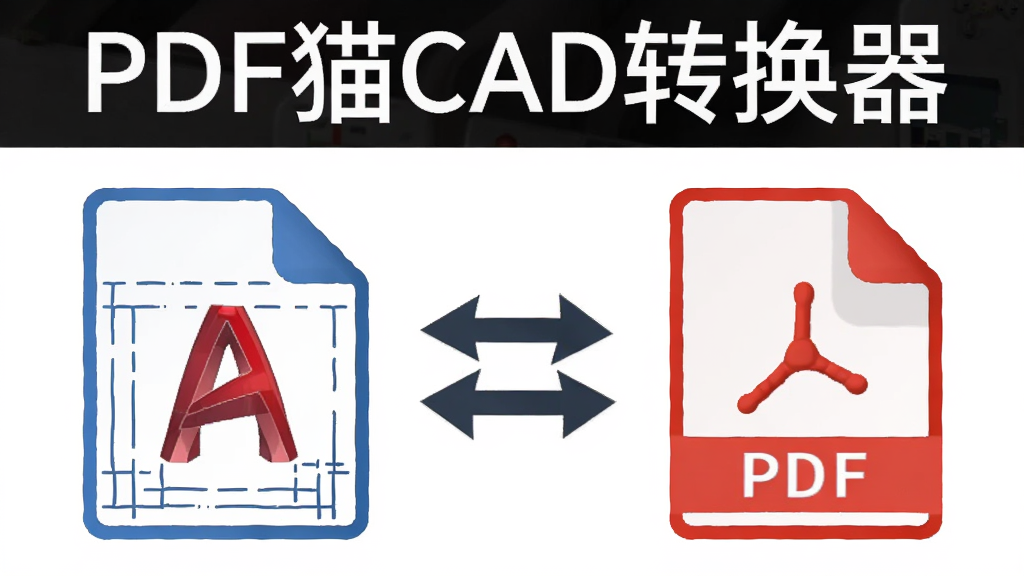 画面中央展示两个文件图标,左侧为CAD图纸图标,右侧为PDF文件图标,中间用双向箭头连接,上方显示