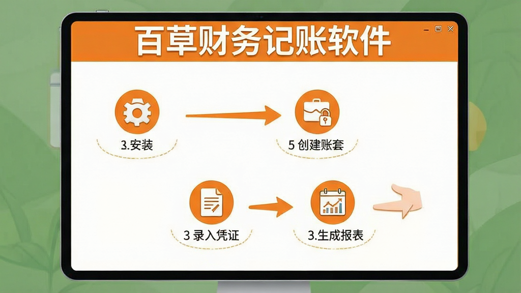 一张展示百草财务记帐软件新手操作引导界面的示意图,画面中央是分步操作流程图,包含安装、创建账套、录入凭证、生成报表四个步骤,每个步骤配有图标和简短说明,顶部显示