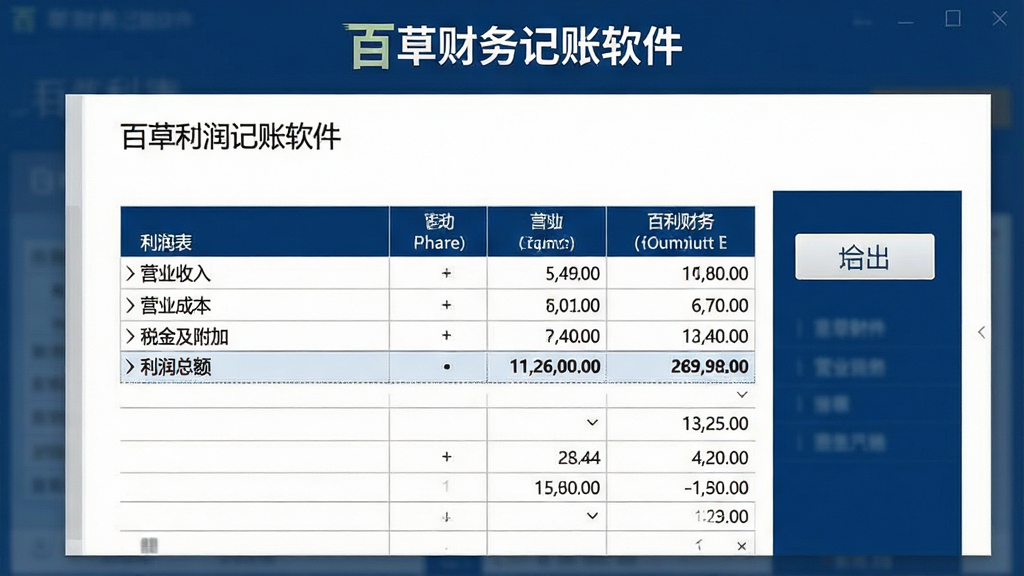 一张展示百草财务记帐软件财务报表自动生成功能的界面图,画面中央是利润表预览页面,上方显示