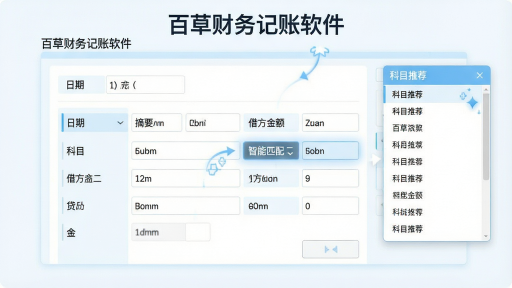 一张展示百草财务记帐软件智能凭证录入界面的功能图,画面中央是凭证录入表单,上方显示