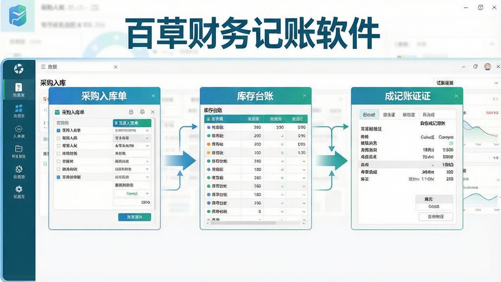 一张展示百草财务记帐软件进销存一体化联动功能的界面图,画面中央是业务流程图,左侧为采购入库单,中间为库存台账,右侧为自动生成的记账凭证,顶部显示