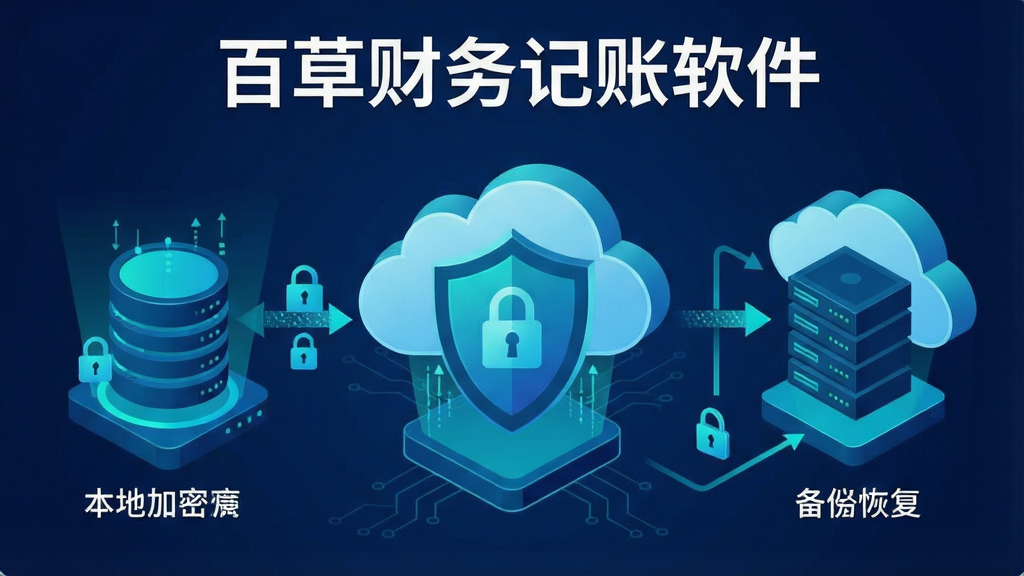 一张展示百草财务记帐软件数据安全与云端备份功能的示意图,画面中央是盾牌图标与云朵图标组合,左侧为本地加密数据库,右侧为云端服务器,顶部显示