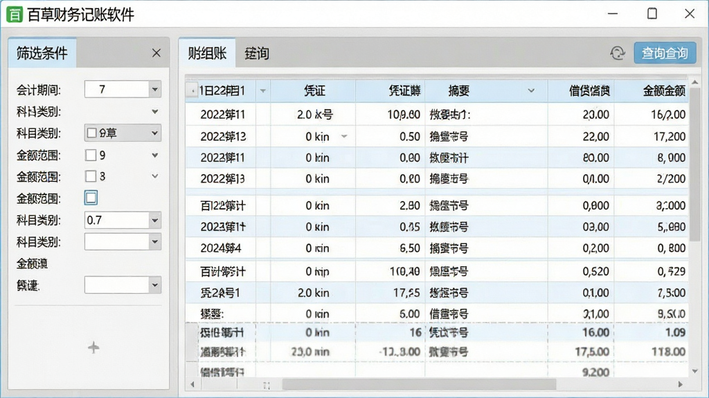 一张展示百草财务记帐软件多维度账簿查询功能的界面图,画面中央是账簿列表,左侧为筛选条件面板,包含会计期间、科目类别、金额范围等选项,右侧为明细账表格,显示日期、凭证号、摘要、借贷金额、余额等列,界面风格清晰专业,配色以灰白和淡蓝为主,布局合理,细节上体现