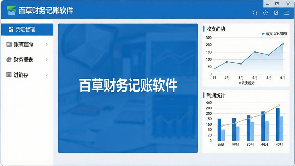 一张展示百草财务记帐软件主界面的产品全貌图,画面中央是软件仪表盘,左侧为功能导航栏,包含凭证管理、账簿查询、财务报表、进销存等模块,右侧为数据图表区域,显示收支趋势折线图和利润统计柱状图,界面风格简洁现代,配色以蓝白为主,整体布局清晰,风格专业商务,细节上体现软件名称