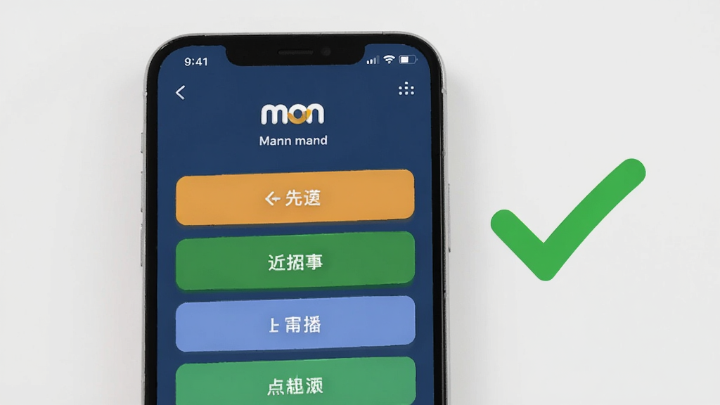 一张展示手机屏幕上Man应用正常运行界面的图片,画面中有清晰的功能按钮和文字,旁边有绿色的对勾表示运行正常,背景干净整洁,风格写实,画质细腻