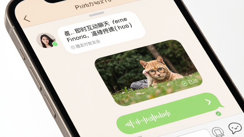 趣友会即时互动聊天界面,主体为手机屏幕展示聊天窗口,布局为对话气泡上下排列,排版包含文字消息、图片消息和语音条,风格为温暖社交风,细节有圆角气泡和已读状态提示,画质高清干净无多余元素