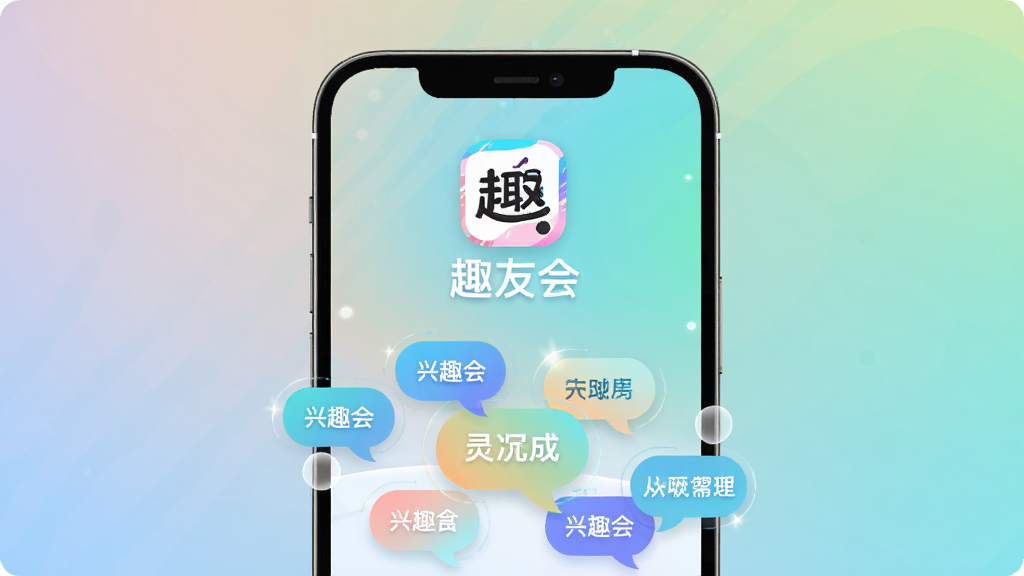 趣友会App启动界面,主体为手机屏幕居中展示,布局采用上下结构,上方为趣友会品牌Logo与名称,下方为兴趣标签气泡环绕,排版简洁明快,风格为现代扁平化科技感,细节包含柔和渐变背景、圆角图标、微小光影,画质高清干净无多余元素
