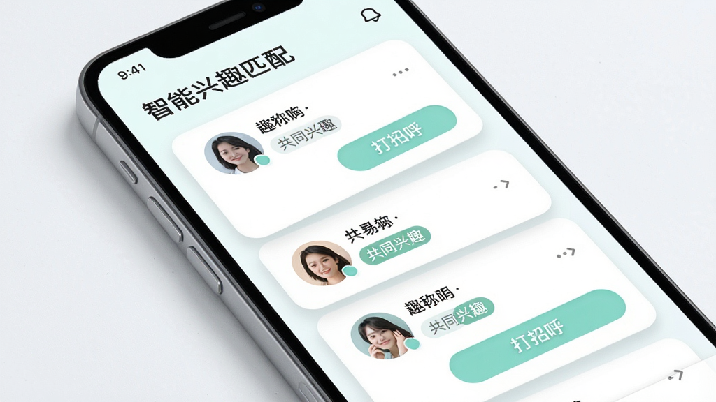 趣友会智能兴趣匹配界面,主体为手机屏幕展示推荐用户卡片,布局为纵向卡片流,排版包含头像、昵称、共同兴趣标签和打招呼按钮,风格为清新浅色系,细节有柔和阴影和圆角设计,画质高清干净无多余元素