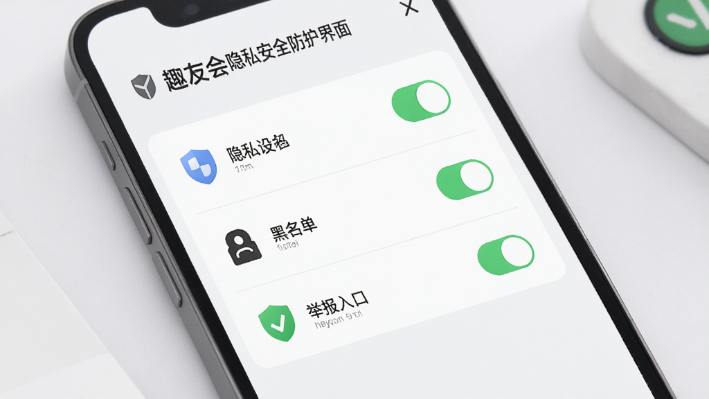 趣友会隐私安全防护界面,主体为手机屏幕展示安全设置页面,布局为列表式选项,排版包含隐私开关、黑名单管理和举报入口,风格为简约商务风,细节有盾牌图标和绿色安全标识,画质高清干净无多余元素