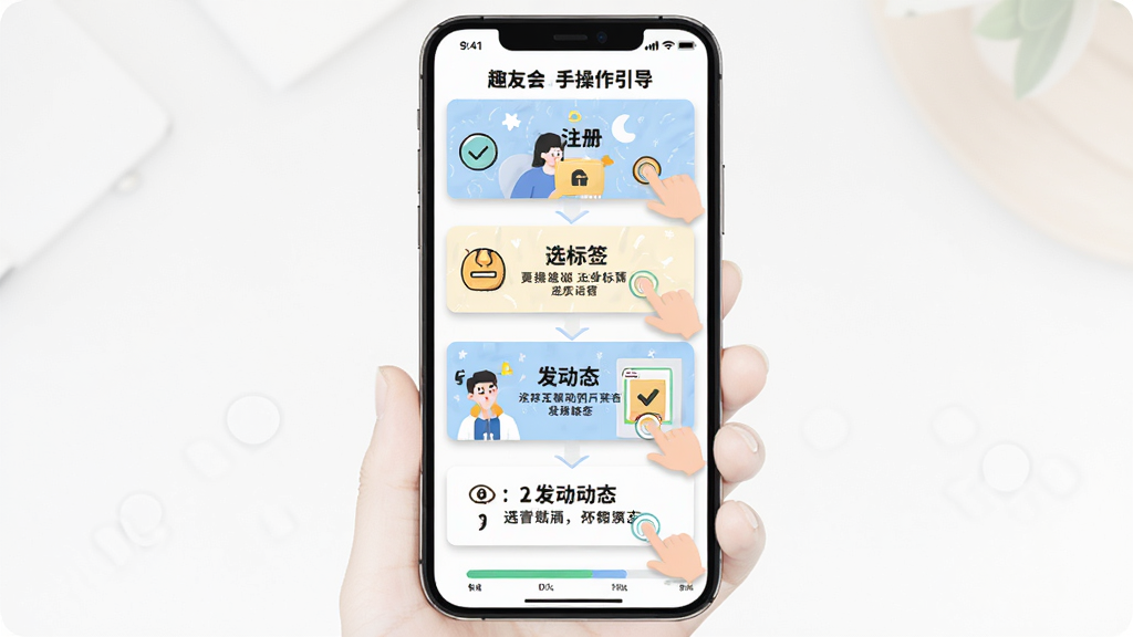 趣友会新手操作引导页面,主体为手机屏幕展示分步教程,布局为上下滑动步骤图,排版包含注册、选标签、发动态三个步骤,风格为活泼插画风,细节有手指点击示意和进度条,画质高清干净无多余元素
