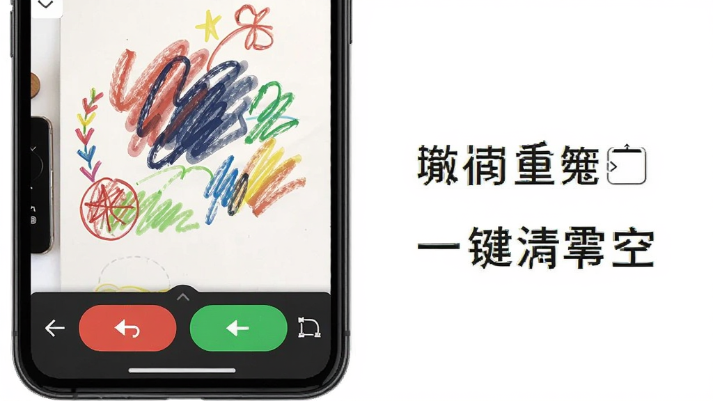 涂鸦手写画板软件撤销重做和一键清空功能展示图,画面中手机屏幕显示绘画过程,底部工具栏高亮显示撤销和重做按钮,画布上有部分涂鸦内容,整体风格简约,细节清晰,画质干净,无多余元素