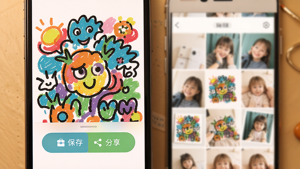 涂鸦手写画板软件作品保存和分享功能展示图,画面中手机屏幕显示一幅完成的彩色涂鸦作品,下方弹出保存和分享按钮选项,背景是手机相册界面,整体风格温馨,布局清晰,画质干净,无多余元素