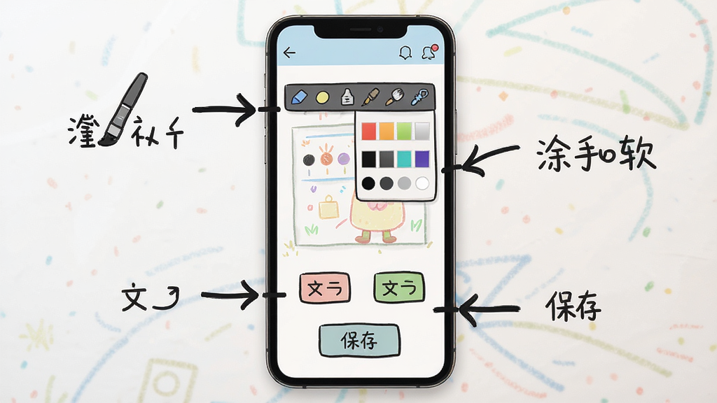 涂鸦手写画板软件新手操作指南示意图,画面中手机屏幕显示软件主界面,周围有箭头标注各个功能区域,包括画笔工具栏、颜色选择区、撤销按钮和保存按钮,风格简洁明了,布局清晰,画质干净,无多余元素