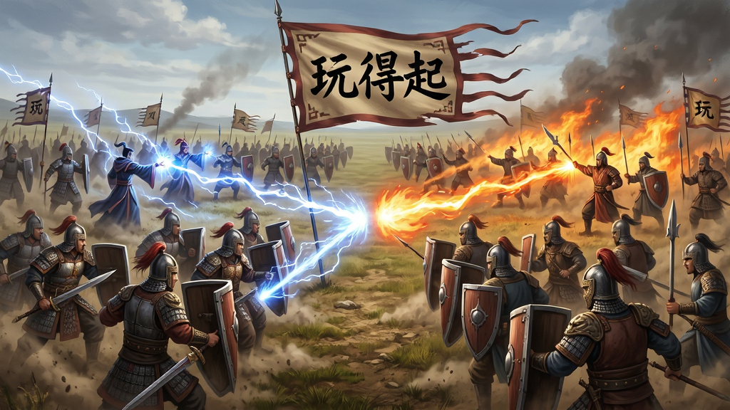 一张描绘“玩得起”国战场景的AI生图,画面主体为广阔平原上两支军队对冲,前排战士举盾,后排法师释放范围闪电与火雨,画面中央有巨大的“玩得起”战旗飘扬,布局采用远景俯视视角,风格为东方魔幻战争史诗,细节包括士兵盔甲纹路、地面扬尘、技能光效拖尾,画质高清,画面干净,无多余元素