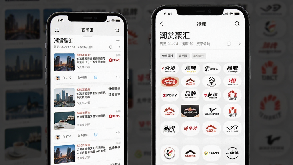 一幅AI生成图,画面主体为“潮赏聚汇”资讯模块,手机屏幕内显示新闻列表与品牌Logo墙,布局采用上下滚动式排版,风格为新闻资讯类应用界面,细节包括时间戳与分类标签,画质高清,干净,无多余元素