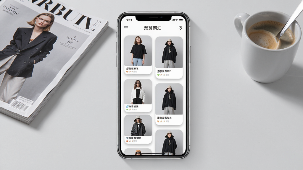 一张展示“潮赏聚汇”移动端应用界面的场景图,画面中央是一部智能手机,屏幕内显示潮流单品卡片瀑布流布局,背景是简约时尚的浅灰色调,桌面摆放着潮流杂志与咖啡杯,整体风格现代清新,细节包括手机屏幕反射光泽与卡片圆角阴影,画质高清,干净,无多余元素
