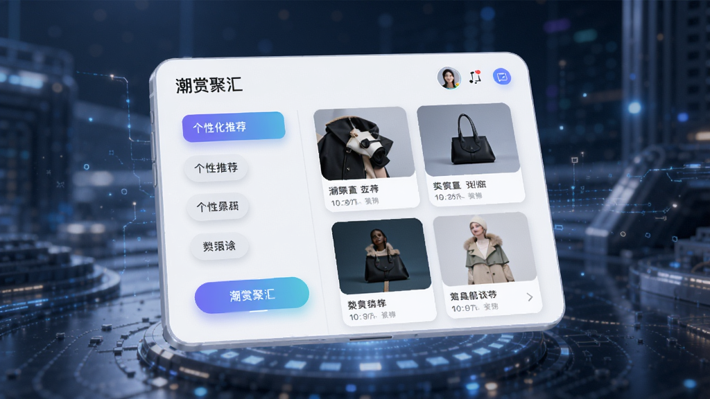 一幅AI生成图,画面主体为“潮赏聚汇”应用界面悬浮在科技感背景中,界面内展示个性化推荐卡片与用户头像,布局采用左右分栏,左侧为分类标签,右侧为单品瀑布流,风格为现代扁平化设计,细节包括渐变按钮与柔和阴影,画质高清,干净,无多余元素