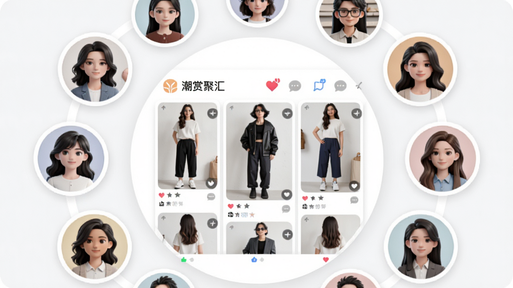 一幅AI生成图,画面展示“潮赏聚汇”社区页面,多位虚拟用户头像围成圆圈,中间是穿搭照片展示墙,布局采用中心辐射式排版,风格为社交应用常见的卡片式设计,细节包括点赞图标与评论气泡,画质高清,干净,无多余元素