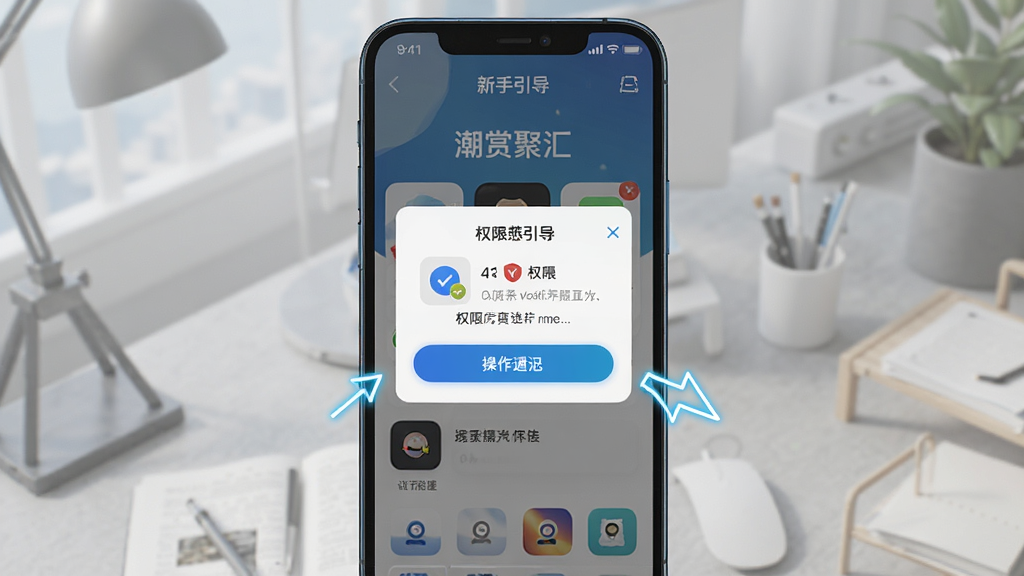 一幅AI生成图,画面展示“潮赏聚汇”应用在新手引导页面的手机截图,屏幕内显示权限请求弹窗与操作提示箭头,布局为居中弹窗式,风格为移动端UI设计,细节包括权限图标与按钮高亮,画质高清,干净,无多余元素