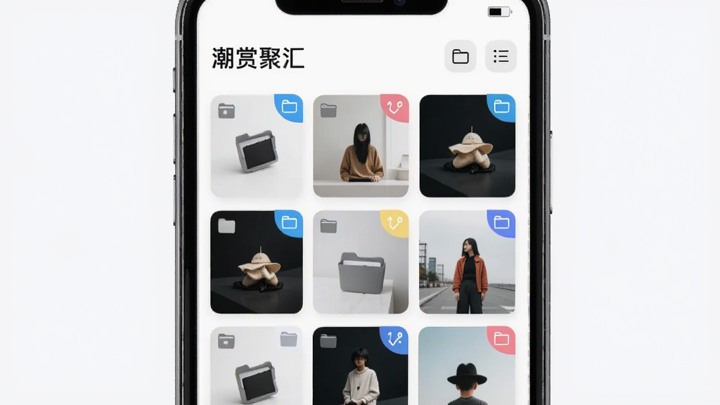一幅AI生成图,画面展示“潮赏聚汇”收藏夹界面,手机屏幕内呈现网格状收藏卡片,每张卡片带有标签角标,布局为三列网格,风格为极简工具类应用,细节包括文件夹图标与筛选按钮,画质高清,干净,无多余元素