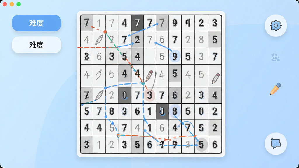 数独导师软件主界面展示,画面中央为九宫格数独棋盘,棋盘上有数字和铅笔标记,周围分布难度选择按钮和提示功能图标,背景为柔和浅蓝色渐变,布局清晰整洁,风格简约现代,细节包含数字高亮和推理路径连线,画质高清,干净,无多余元素