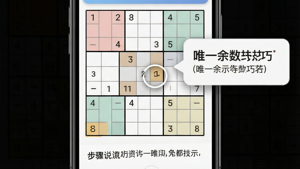 数独导师智能提示功能界面,手机屏幕内显示九宫格棋盘,某一格被高亮圈出,旁边弹出提示气泡写明唯一余数技巧,棋盘下方有步骤说明文字,整体布局为竖屏手机界面,风格清爽扁平化,细节包含数字标记和淡色分区,画质高清,干净,无多余元素