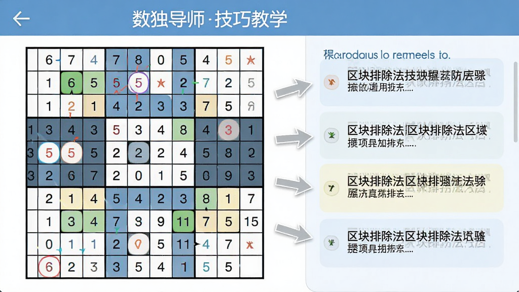 数独导师技巧教学页面,画面显示数独棋盘和侧边技巧列表,棋盘上用不同颜色标注候选数,旁边有文字说明区块排除法,布局为左右分栏,风格教育类应用界面,细节包含箭头指向和颜色区分,画质高清,干净,无多余元素