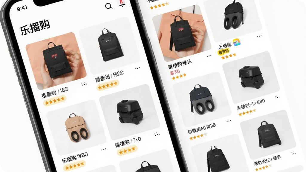 主体为乐播购应用中的个性化推荐页面,屏幕显示“乐播购”和推荐商品瀑布流;布局采用双列网格;排版错落有致;风格为现代简约;细节包括商品图片、标签、评分;画质清晰,干净,无多余元素。