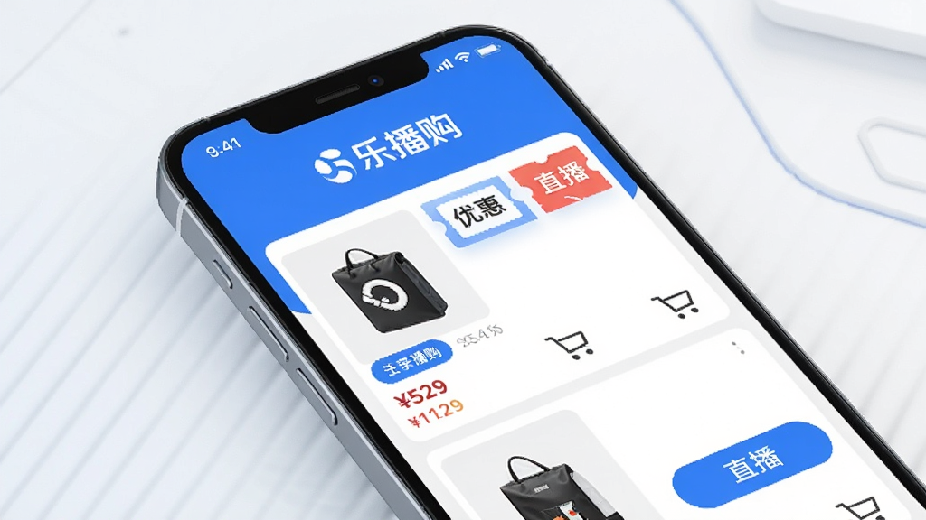 主体为一部智能手机,屏幕中显示乐播购应用主界面,界面中有商品列表、优惠券图标和直播入口;布局采用居中构图,手机略微倾斜展示;排版上顶部放置“乐播购”文字标识;风格为现代简约科技感,蓝色与白色为主色调;细节包括商品缩略图、价格标签、购物车图标、直播按钮;画质清晰,干净,无多余元素。