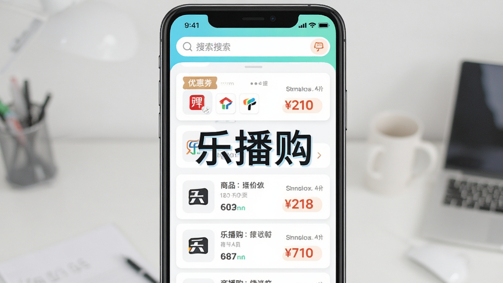 主体为乐播购应用界面中展示多平台比价列表,屏幕中央有“乐播购”字样;布局采用上下结构,上方为搜索框,下方为商品价格对比卡片;排版整齐,信息层级分明;风格为清新浅色商务风;细节包括优惠券标签、平台图标、价格数字高亮;画质清晰,干净,无多余元素。
