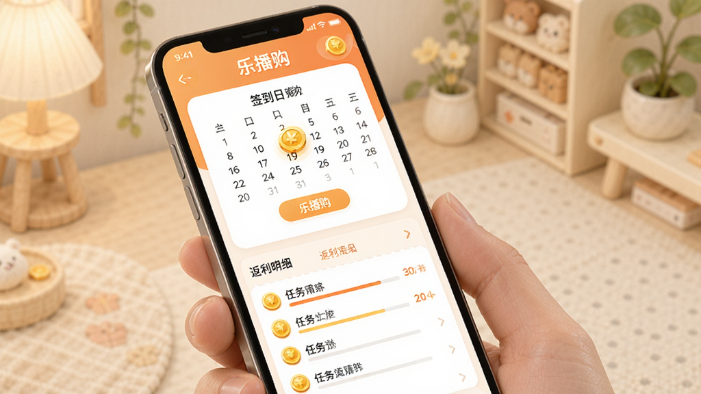 主体为乐播购应用中的签到与返利页面,屏幕显示“乐播购”和金币图标;布局采用卡片式排列,上方为签到日历,下方为返利明细;排版清晰,色彩柔和;风格为温暖亲和风;细节包括金币动画、进度条、任务列表;画质清晰,干净,无多余元素。