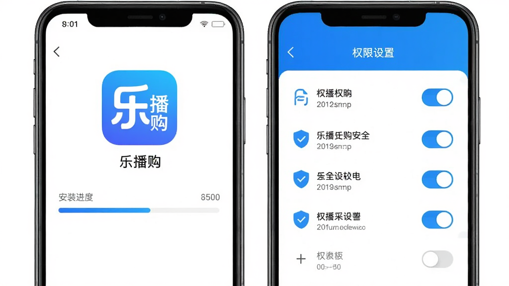主体为乐播购应用在手机上的安装界面与权限设置页面,屏幕显示“乐播购”图标;布局采用左右分屏,左侧为安装进度,右侧为权限开关;排版简洁;风格为科技蓝调;细节包括进度条、权限列表、安全盾牌图标;画质清晰,干净,无多余元素。