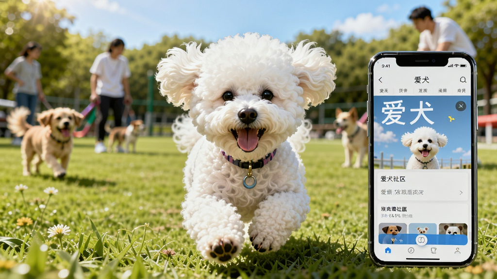 一只比熊犬在宠物公园草地上奔跑,远处有其他狗狗和主人,手机屏幕显示“爱犬”社区页面,背景是阳光明媚的户外场景,风格活泼明快,高清画质