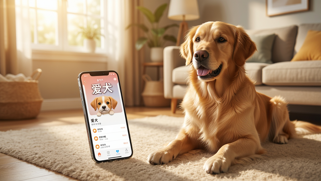 一只金毛犬坐在客厅地毯上,旁边放着智能手机,手机屏幕上显示“爱犬”软件界面,背景是温馨的家居环境,阳光从窗户洒入,整体风格温暖写实,画面干净,高清画质,无多余元素