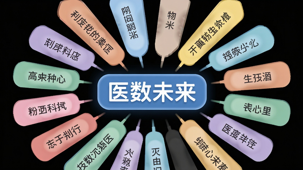 一张信息图表风格的AI生图,画面中多个彩色标签卡片围绕“医数未来”文字标识排列,标签上写有不同科室名称,布局呈放射状,风格为扁平化信息图,细节包括标签的圆角设计和柔和配色,画质清晰,干净,无多余元素