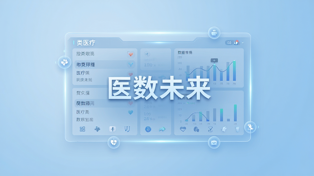 一张以“医数未来”为核心的AI生图,主体为悬浮在空中的半透明数据面板,面板上展示分类清晰的医疗词条与图表,背景为浅蓝色渐变,布局采用居中对称式,风格为简约科技风,细节包括面板边缘的光晕效果和整齐排列的小图标,画质高清,干净,无多余元素
