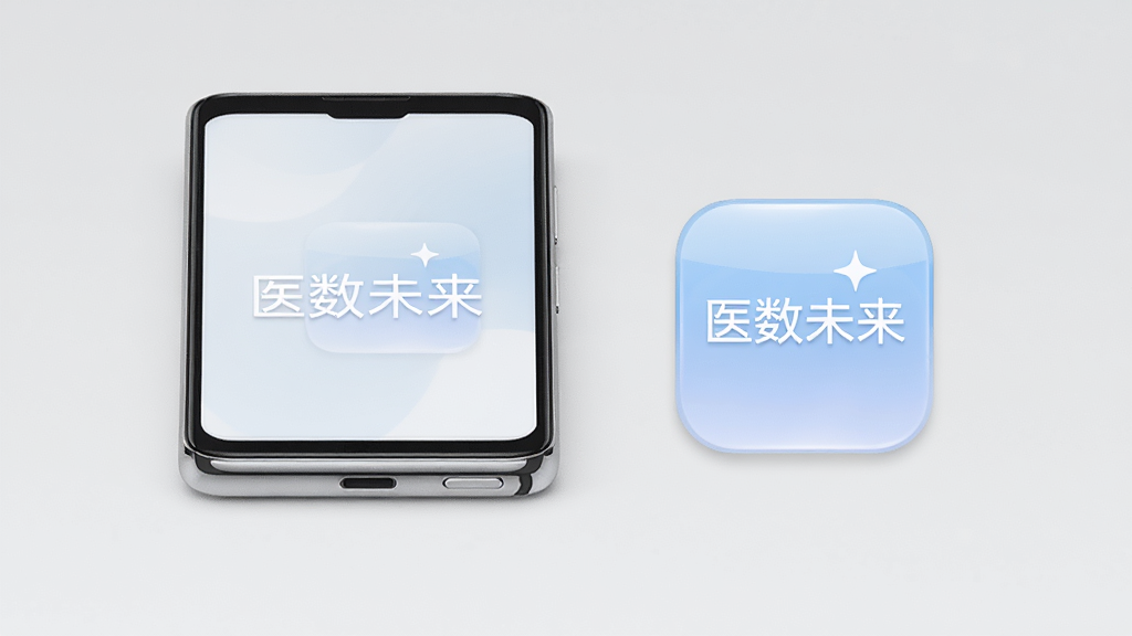 一部安卓手机与一个轻量级应用图标并排展示的画面,背景为简洁的浅灰色,手机屏幕显示“医数未来”启动界面,布局左右均衡,风格为极简产品摄影风,细节包括图标的高光质感和手机边框的金属光泽,画质清晰,干净,无多余元素