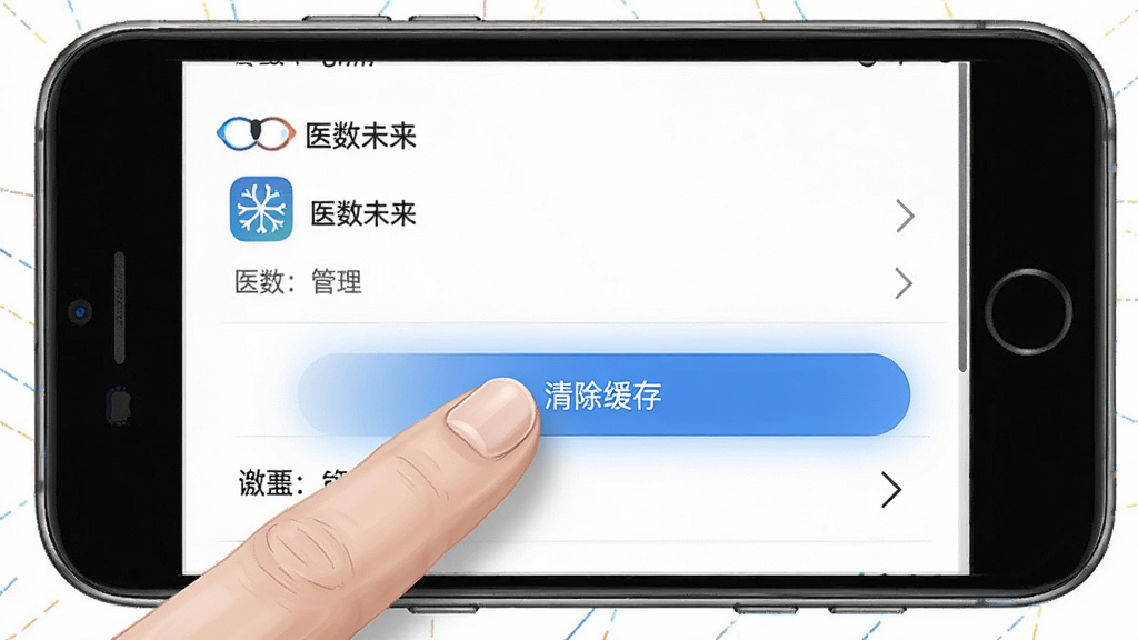 一张展示手机设置界面的插图,画面中手指正在点击“医数未来”应用管理页面中的“清除缓存”按钮,布局以手机屏幕为中心,风格为写实操作指引图,细节包括按钮的高亮状态和清晰的界面文字,画质清晰,干净,无多余元素