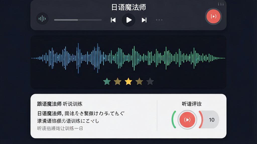 日语魔法师听力口语训练界面,主体为音频波形图和跟读评分面板位于画面中央,布局上下结构,上方为音频播放控制区,下方为原文对照和发音评分,风格为现代语音训练风,细节包括声波图、评分星级、录音按钮等元素,画面中文字标注“日语魔法师”和“听说训练”,画质高清,干净,无多余元素