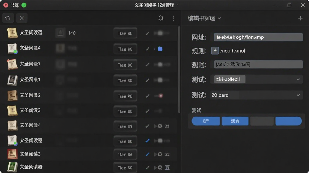 文圣阅读器书源管理界面截图,画面左侧是书源列表,右侧是书源编辑面板,面板中包含网址、规则、测试按钮等元素,界面风格为深色主题,文字清晰,布局规整,画质高清,干净,无多余元素