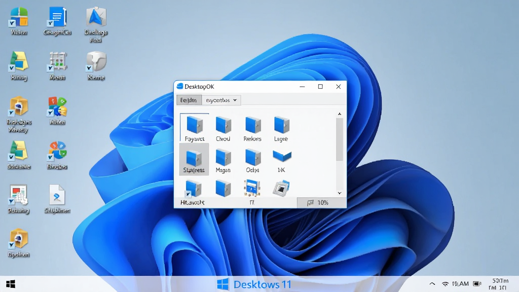 一张干净的 Windows 11 桌面截图,桌面上整齐排列着各类图标,画面中央悬浮着 DesktopOK 软件的小巧主窗口,窗口内显示多个图标布局方案列表,整体风格简洁现代,浅色主题,细节清晰,画质锐利,无多余元素