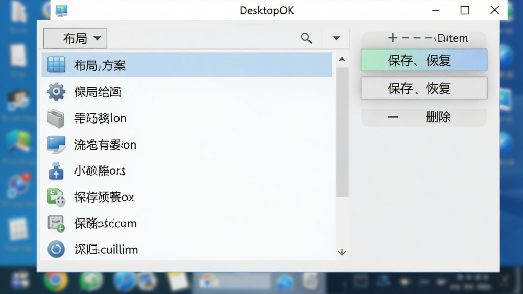 DesktopOK 软件界面特写,左侧为布局方案列表,右侧显示保存、恢复、删除等操作按钮,界面语言为简体中文,配色清爽,图标精致,背景为模糊的电脑桌面,画质干净,无多余元素