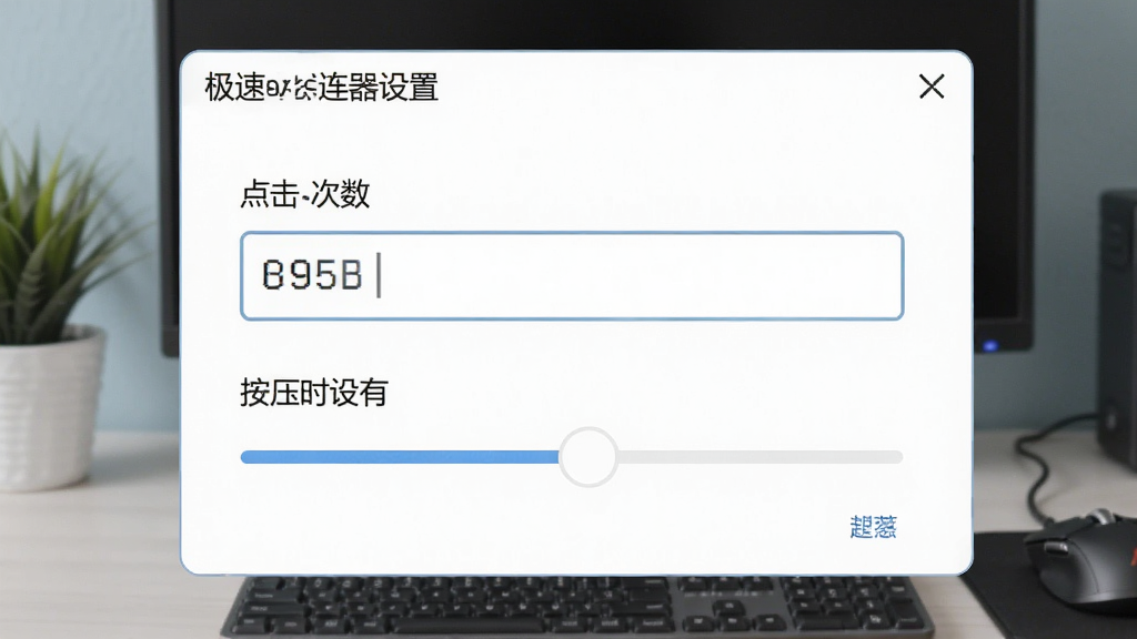 一张展示极速鼠标连点器功能设置界面的图片,画面中有点击次数输入框和按压时长调节选项,界面风格清新,布局合理,画质清晰,干净无多余元素
