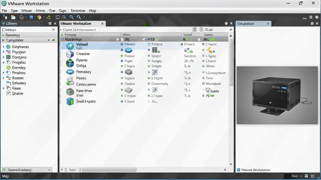 VMware Workstation 软件主界面截图,画面中央展示虚拟机列表与菜单栏,左侧为库面板,右侧为虚拟机预览窗口,整体布局清晰,风格为现代科技感,细节包含多系统图标与状态指示灯,画质干净清晰,无多余元素