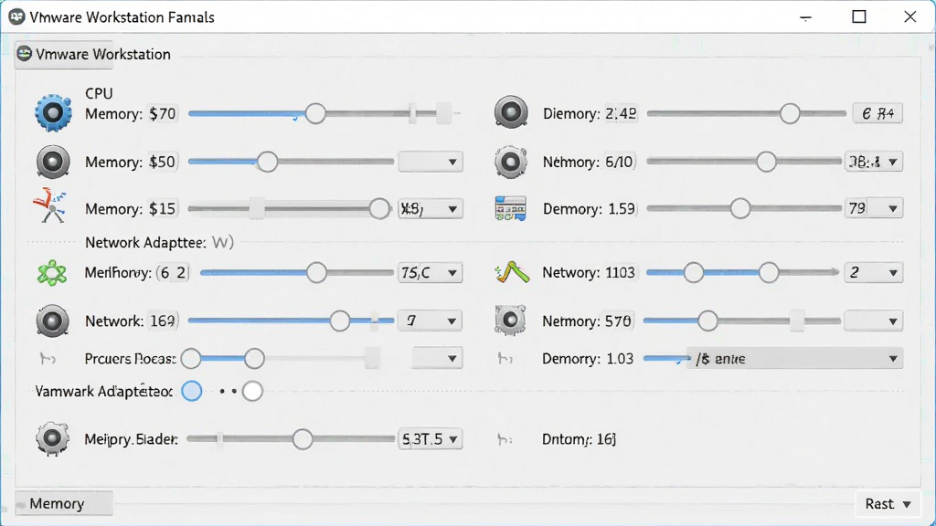 VMware Workstation 虚拟机硬件设置面板,展示 CPU、内存、网络适配器等配置滑块与选项,界面布局规整,风格专业,细节包含硬件图标与参数数值,画质清晰,无多余元素