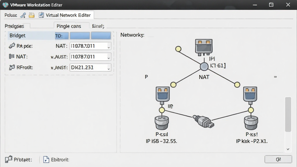VMware Workstation 虚拟网络编辑器界面,展示桥接、NAT、仅主机等网络模式选项与拓扑示意图,风格简洁明了,细节包含网线图标与 IP 地址标注,画质干净,无多余元素